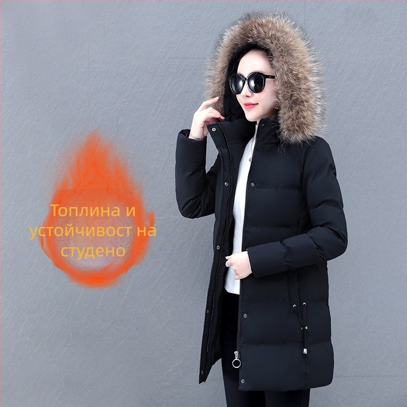 Памучно палто с сваляща се качулка и яка от изкуствен пух, с цип за предно закопчаване, средна дължина