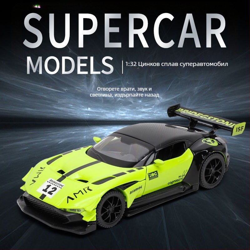 Сплавен 1:32 гоночен модел автомобил с мигащи светлини и звук, захранван с батерия