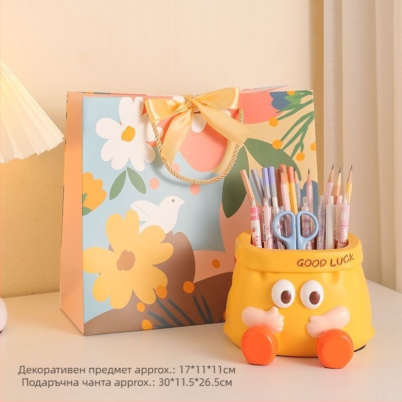 Поставка за писалки с дизайн на хартиена торбичка и коприна цвете, голям капацитет, бюро декор