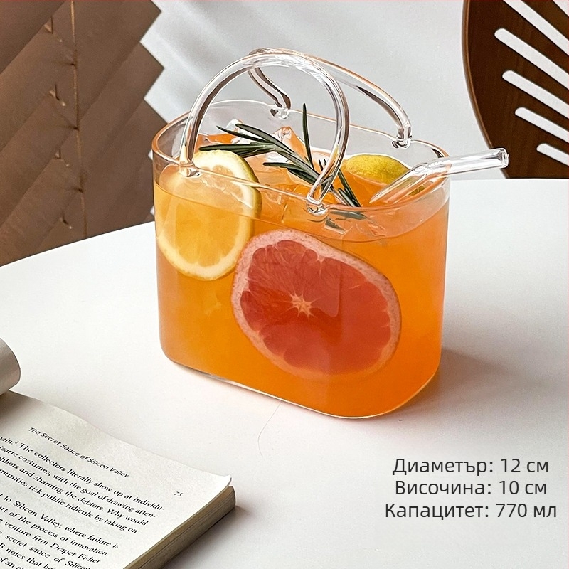 Стъклена чаша за напитки със сламка, ледников мотив, преносима, квадратна форма, боросиликатно стъкло