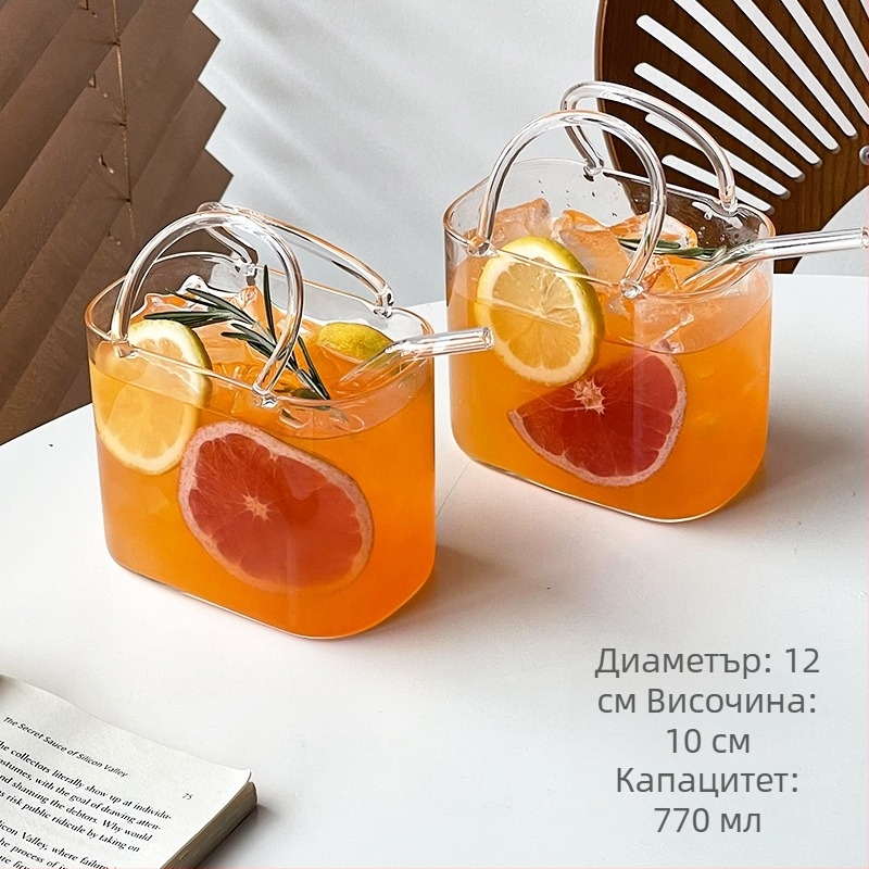 Стъклена чаша за напитки със сламка, ледников мотив, преносима, квадратна форма, боросиликатно стъкло