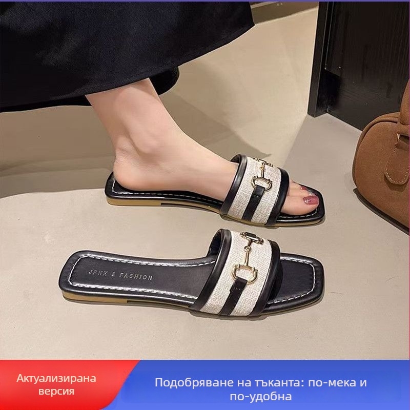 Дамски сандали с плоска подметка и една презрамка, PU горна част, гумена подметка, леки и противохлъзгащи, пролет 2024.