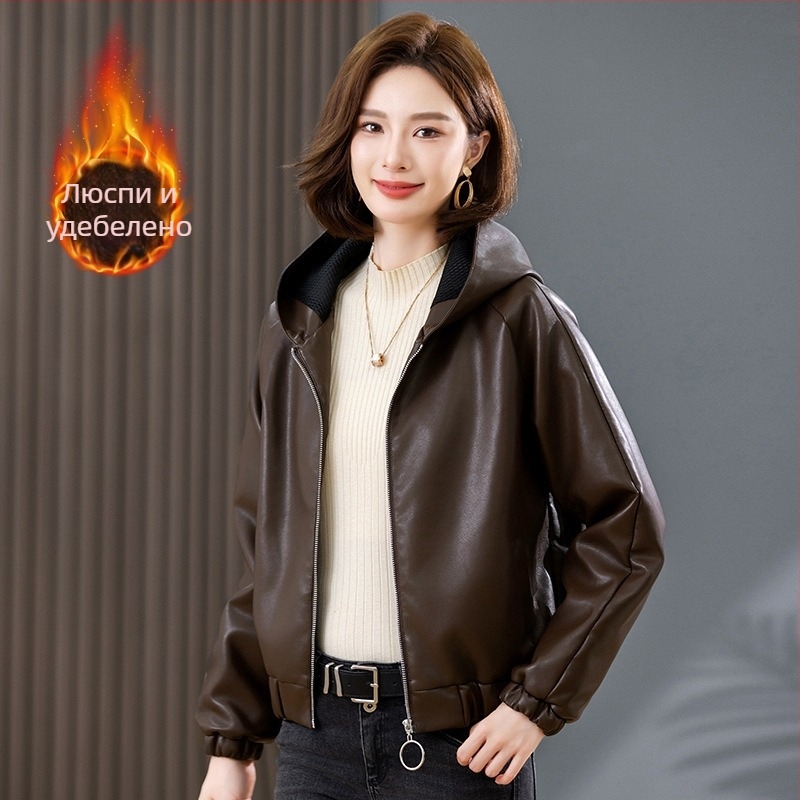 Кожено яке с качулка, цип, овча кожа, градски стил, ултра къс покрой