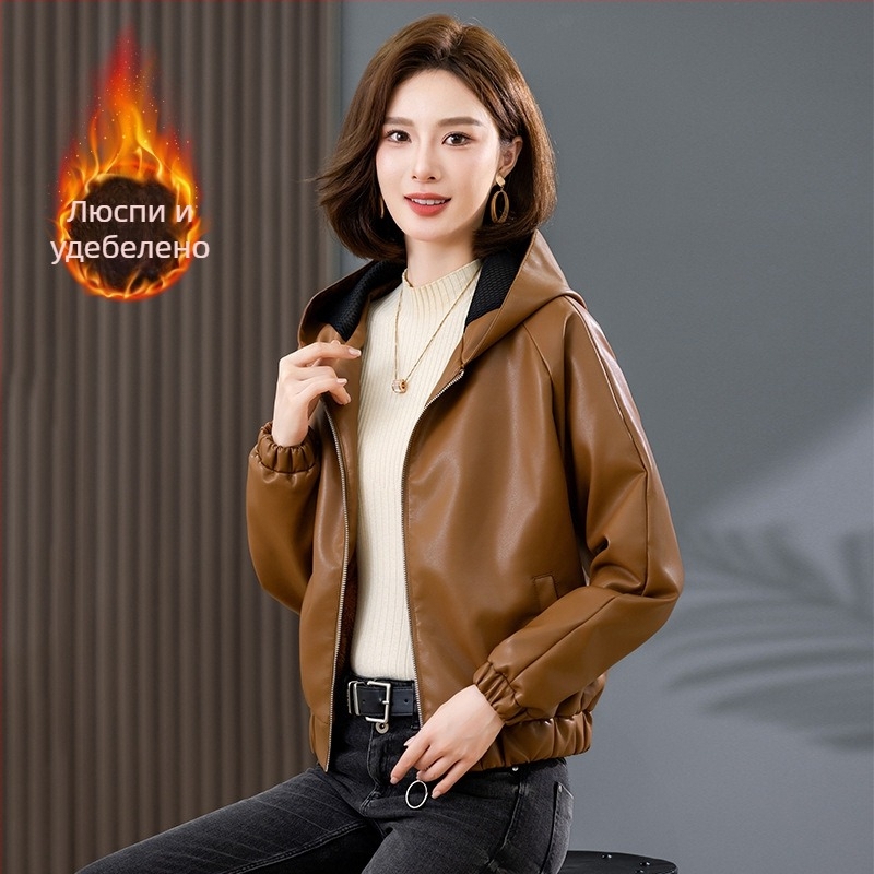 Кожено яке с качулка, цип, овча кожа, градски стил, ултра къс покрой