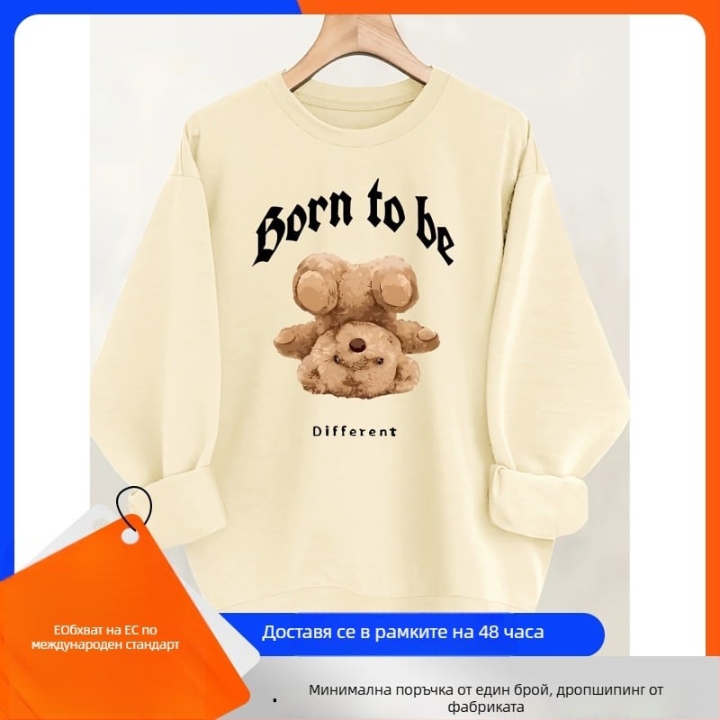 Дамски суитшърт, дълъг ръкав, кръгла яка, редовна дължина, полиестер 90–95%, японско-корейски ежедневен стил