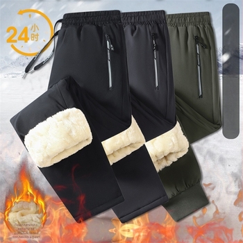 Мъжки зимни панталони с поларено вътрешно покритие, свободен силует, средно-висока талия, 96% полиестер + 4% спандекс, удебелени, с връзка