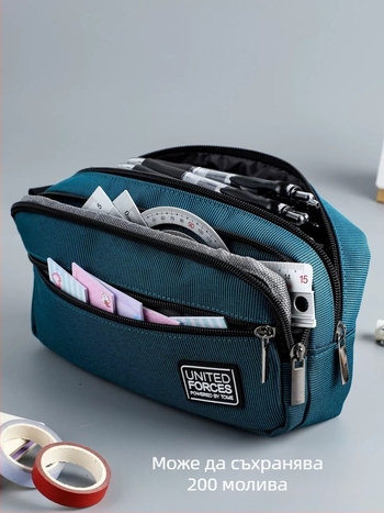 Моливник с три ципа, голям капацитет, Oxford платно, унисекс, лежерен стил