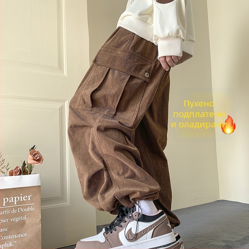 Мъжки работни панталони Corduroy, флисово вътрешно, свободна права кройка и широки крачета, двойна талия, закопчаване с връзка