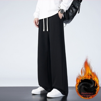 Спортни панталони за зима с флисово подплатяване, свободна кройка, средна талия и връзка; памук 65% / полиестер 35%; прав крак с джобове