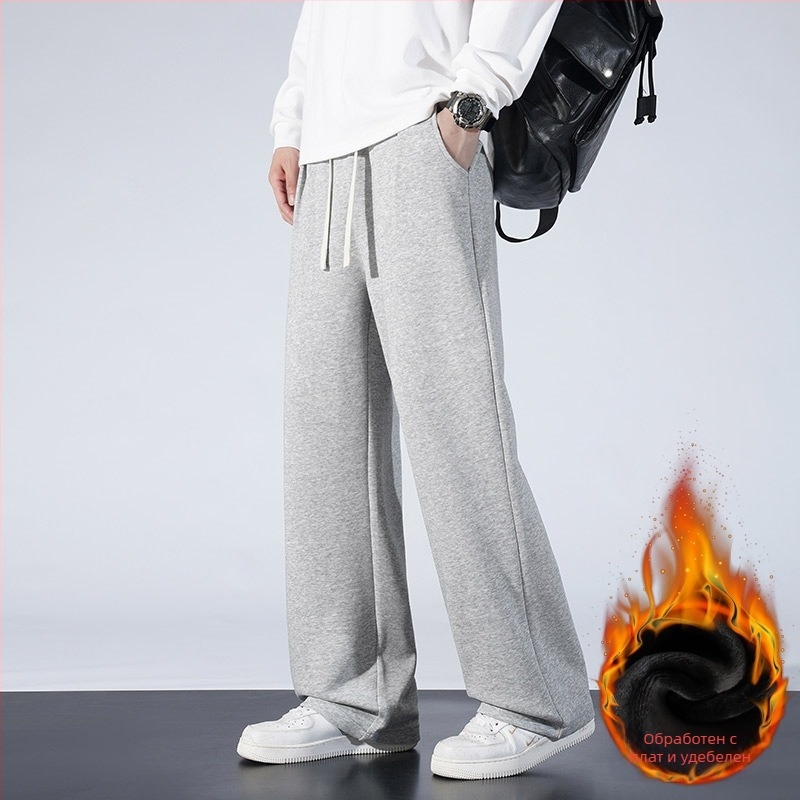 Спортни панталони за зима с флисово подплатяване, свободна кройка, средна талия и връзка; памук 65% / полиестер 35%; прав крак с джобове