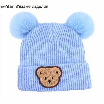 Бебешка зимна плетена шапка с принт на мечка, ушички, куполна корона, без козирка, полиестер