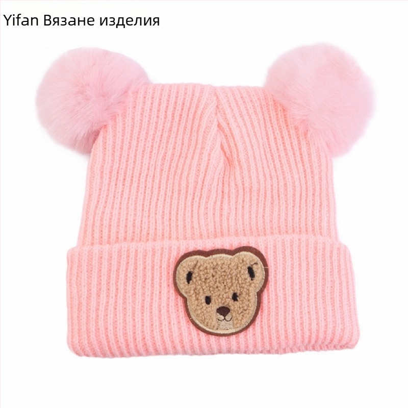 Бебешка зимна плетена шапка с принт на мечка, ушички, куполна корона, без козирка, полиестер