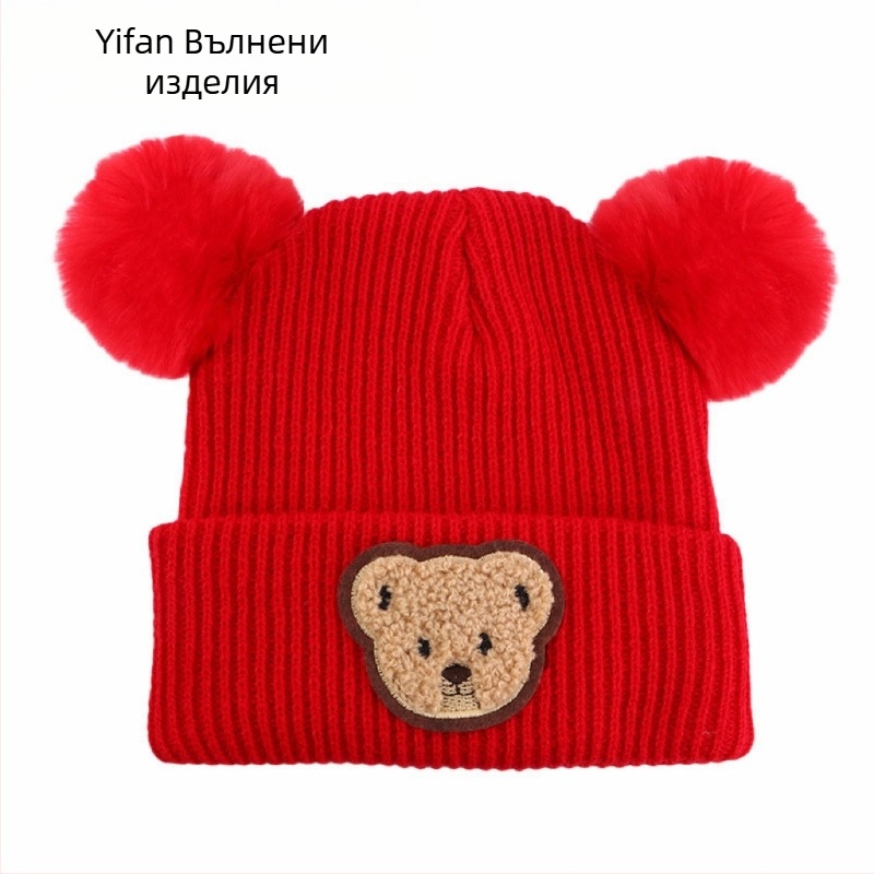 Бебешка зимна плетена шапка с принт на мечка, ушички, куполна корона, без козирка, полиестер