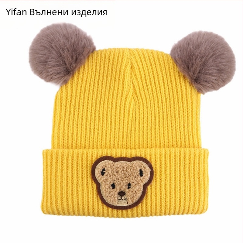 Бебешка зимна плетена шапка с принт на мечка, ушички, куполна корона, без козирка, полиестер