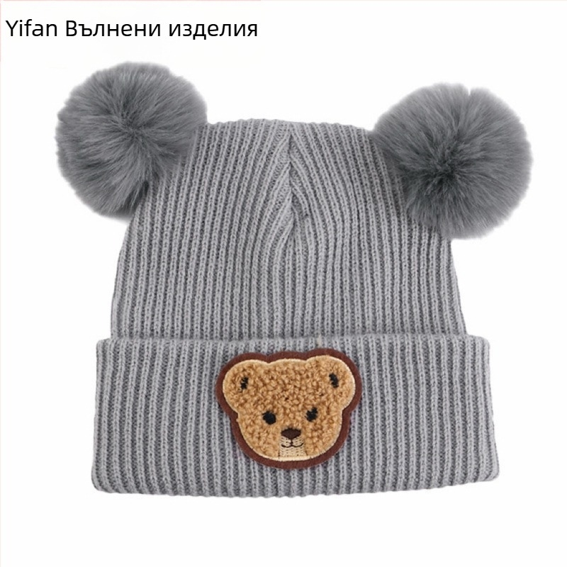 Бебешка зимна плетена шапка с принт на мечка, ушички, куполна корона, без козирка, полиестер