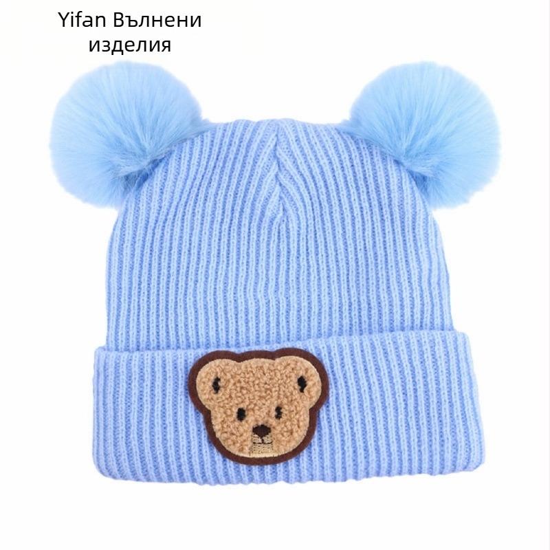 Бебешка зимна плетена шапка с принт на мечка, ушички, куполна корона, без козирка, полиестер