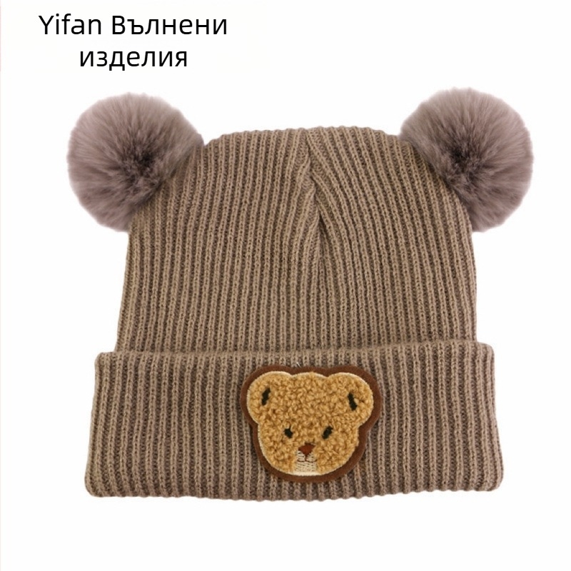 Бебешка зимна плетена шапка с принт на мечка, ушички, куполна корона, без козирка, полиестер
