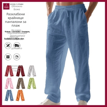 Мъжки ежедневни дълги панталони с прави крачета, лен 95% материя, средна талия, закопчаване с връзка, солиден модел