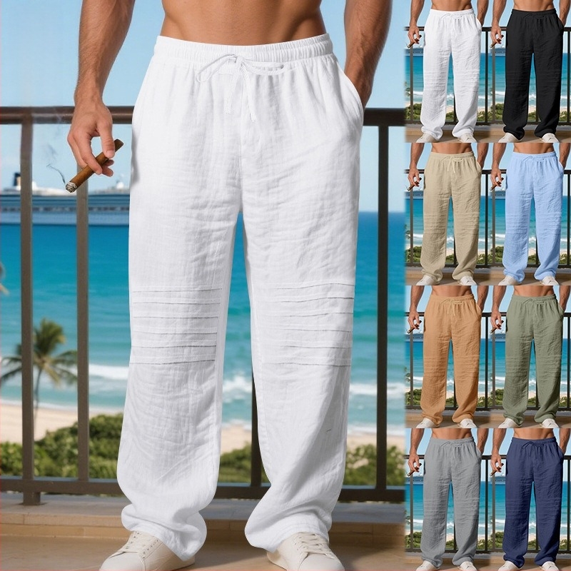 Мъжки ленени панталони със кройка с прави крачоли, американски стил, дишащи, средна талия, шнур за закопчаване