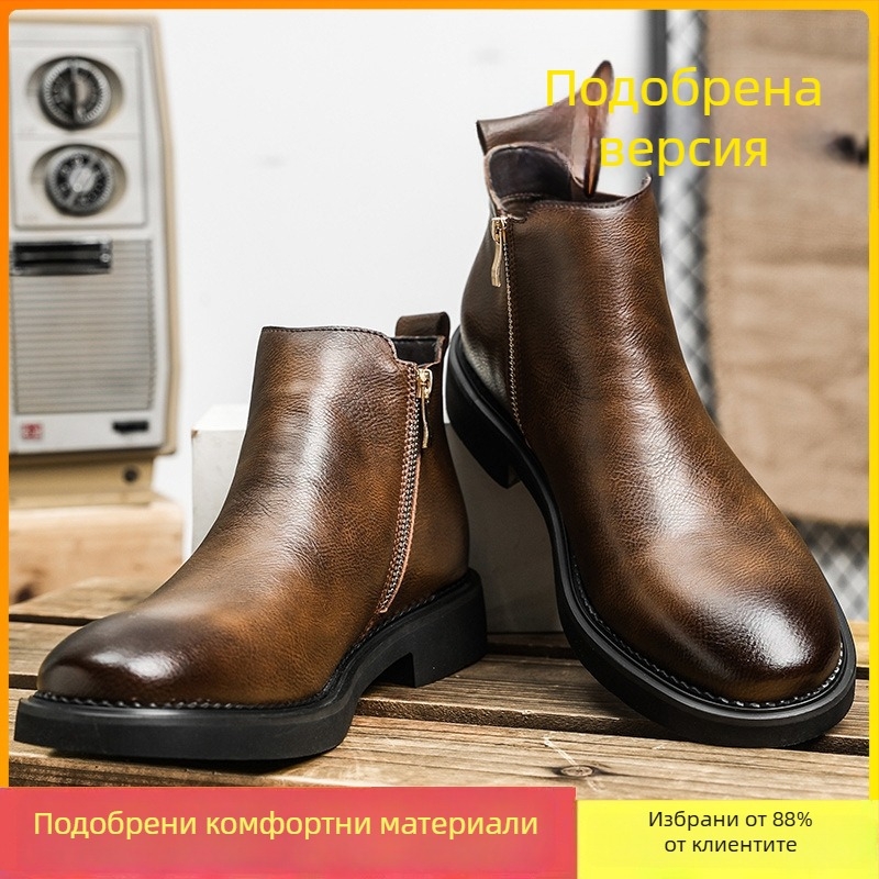 Мъжки челси ботуши: двуслойна телешка кожа, подплата от изкуствен къс косъм, стелка от изкуствен къс косъм, гумена подметка (Двуслойна телешка кожа; Подплата от изкуствен къс косъм; Стелка от изкуствен къс косъм; Гумена подметка)