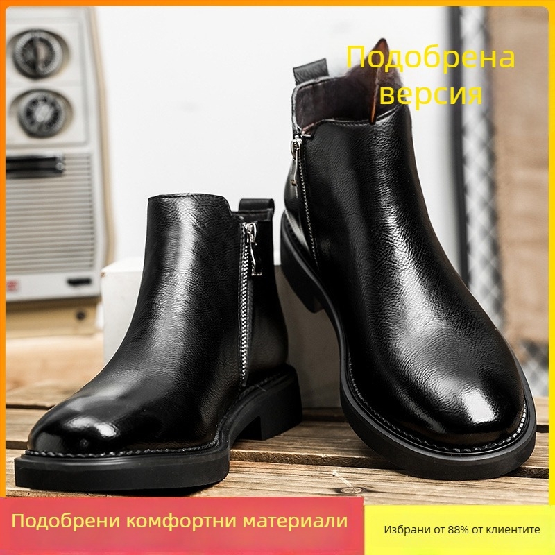 Мъжки челси ботуши: двуслойна телешка кожа, подплата от изкуствен къс косъм, стелка от изкуствен къс косъм, гумена подметка (Двуслойна телешка кожа; Подплата от изкуствен къс косъм; Стелка от изкуствен къс косъм; Гумена подметка)