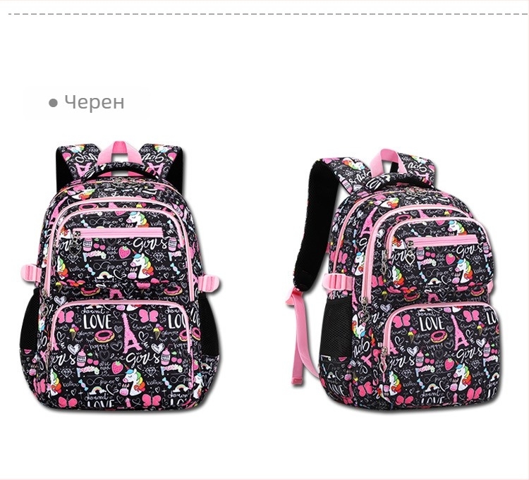 Комплект от три раници за момичета – Oxford плат, карикатурен принт, ремъци с въздушна възглавница, дишаща, ултра лека и сгъваема, стил свеж и сладък, за пети-шести клас