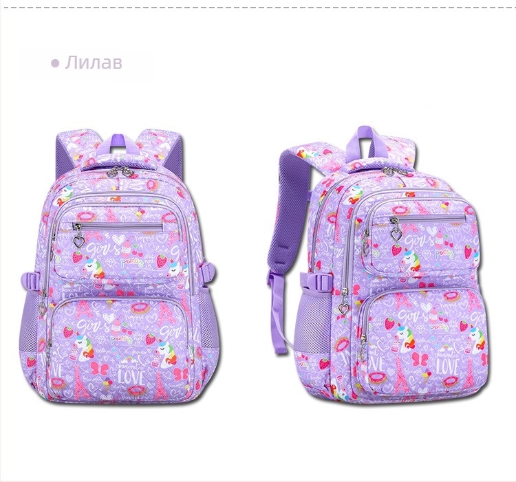 Комплект от три раници за момичета – Oxford плат, карикатурен принт, ремъци с въздушна възглавница, дишаща, ултра лека и сгъваема, стил свеж и сладък, за пети-шести клас