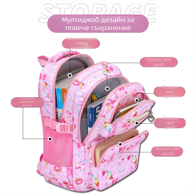 Комплект от три раници за момичета – Oxford плат, карикатурен принт, ремъци с въздушна възглавница, дишаща, ултра лека и сгъваема, стил свеж и сладък, за пети-шести клас