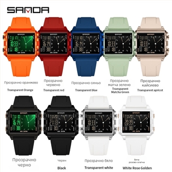 Санда цифров ученически часовник — правоъгълен циферблат, пластмасов корпус, силиконова каишка, водоустойчив до 50 м, електронен механизъм