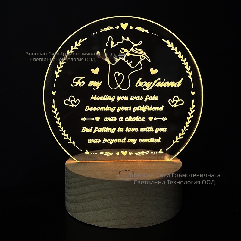 Сърцевидна акрилна 3D нощна лампа, захранване от контакт, акрилен абажур, форма сърце, напрежение ≤ 36V