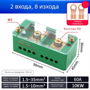 Однофазна кутия за разпределение: 2 входа и 8 изхода, IP41 защита, монтаж със завинтове, корпус от PC огнеустойчива пластмаса