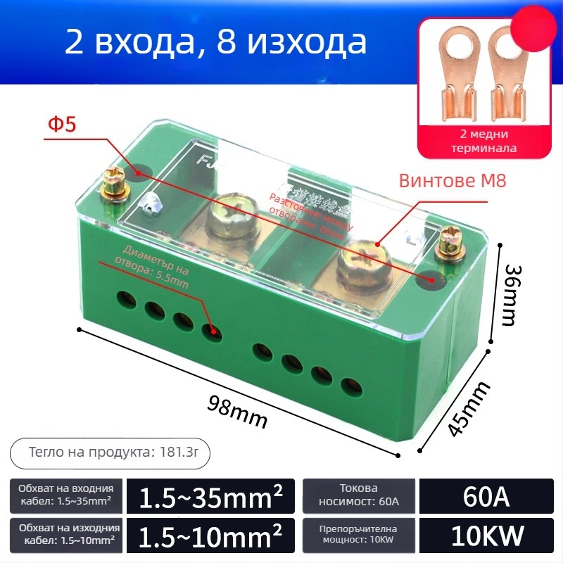 Однофазна кутия за разпределение: 2 входа и 8 изхода, IP41 защита, монтаж със завинтове, корпус от PC огнеустойчива пластмаса