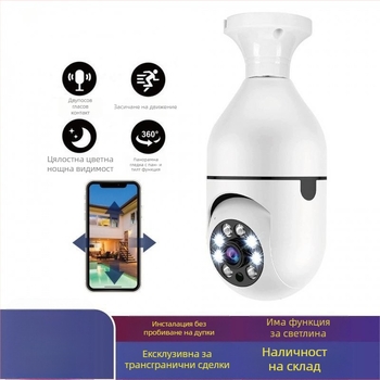 Камера-лампа 360° WiFi, вътрешна употреба, 1080p, 3.6 мм широкоъгълен обектив, 1 камера, детекция на аларми, поддръжка на мобилно приложение
