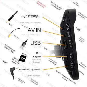 Автомобилен LCD дисплей за монтаж, модел XSP-207, IPS дисплей, поддръжка CarPlay/Android Auto, резолюция 1024x600, универсална съвместимост