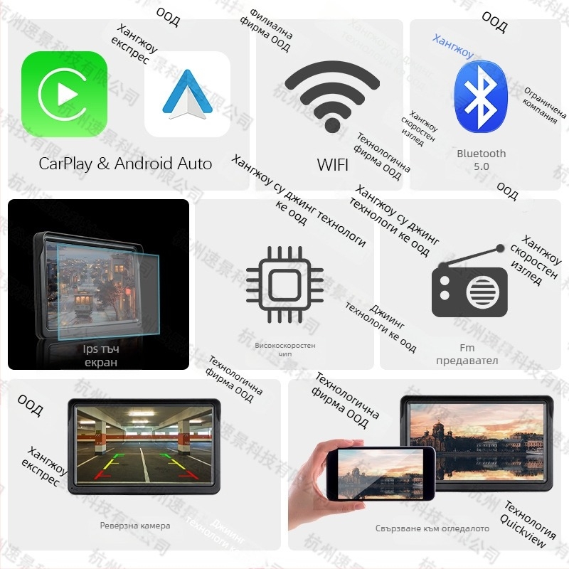 Автомобилен LCD дисплей за монтаж, модел XSP-207, IPS дисплей, поддръжка CarPlay/Android Auto, резолюция 1024x600, универсална съвместимост