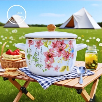 Емалована дълбока тенджера за супи с двойни дръжки, незалепващо покритие, капак включен