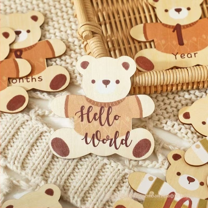 Дървени месечни карти за новородено с мечешки мотив за фотосесия (Дървен материал • Мечешки мотив • Месечни карти • Фото реквизит)