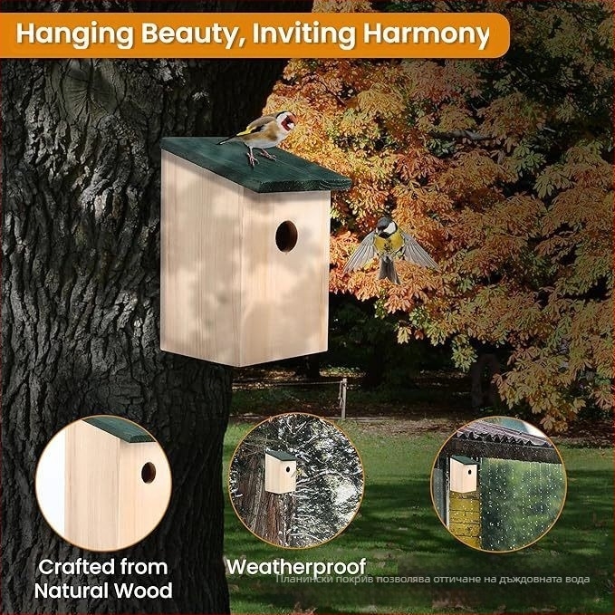 Дървено гнездо за птици с висяща стойка за външен двор — произход Шандонг, код 0703