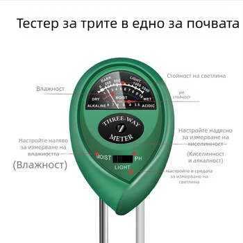 Почвен тестер 3-в-1: влажност, pH и хранителни вещества за цветя и саксийни растения