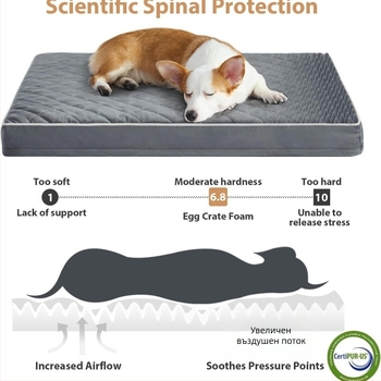 Ортопедична кучешка постелка; водоустойчива повърхност; махащ се и миещ се калъф; неслизаща под; пяна с яйцевидна структура