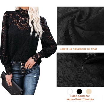 Дантелено горнище с яка-стойка, фенерни дълги ръкави, PVC материя, подплата — пролет 2025, базов градски стил