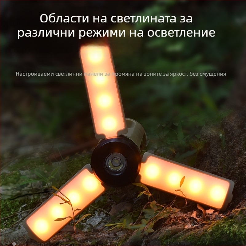 Кемпинг лампа за окачване с LED светлина, презареждаема батерия, модел XF-LY23, 3V, 5W, 90° сгъваема конструкция с три лопатки