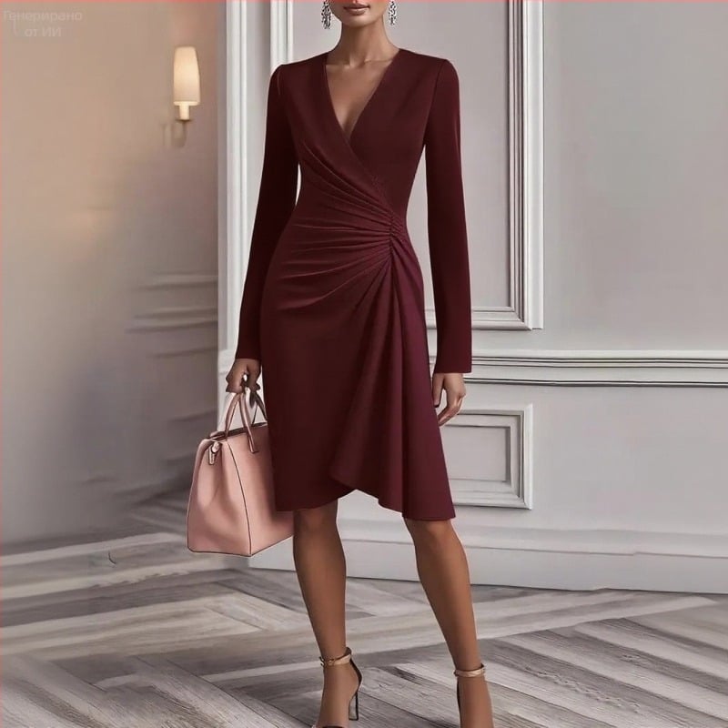 Дамска рокля — Slim Fit, елегантен стил, дълъг ръкав, кръгло деколте, полиестер-спандекс смес, средна дължина