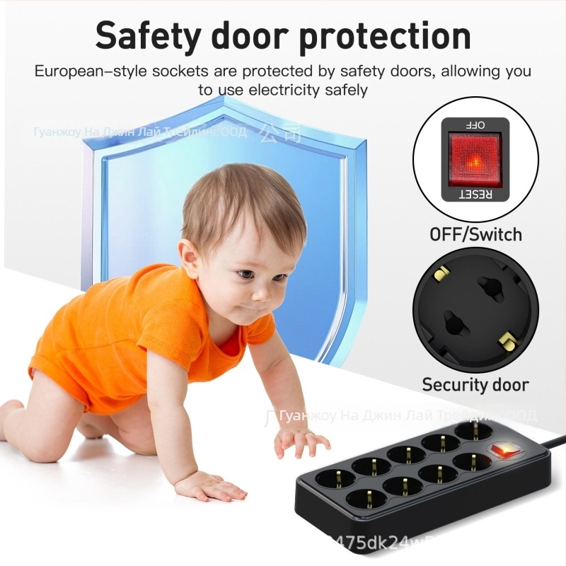 Разклонител за захранване с 9 гнезда, предпазна врата и двойен главен превключвател — 10A, 100-250V AC, корпус от огнеупорен поликарбонат, CE