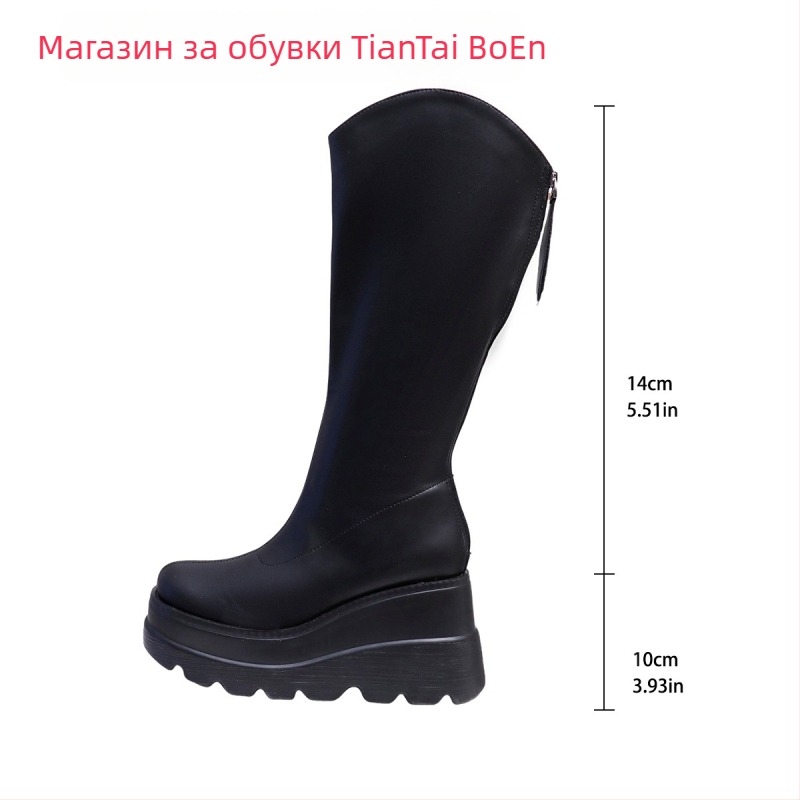 Дамски ботуши до средата на подбедрицата с ултра висок клиновиден ток, кръгъл нос, PU горна част, издърпване