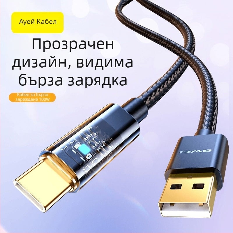 Awei Yongwei 100W бързозареждащ USB-C и Lightning кабел за данни - двоен интерфейс, високоскоростен пренос на данни