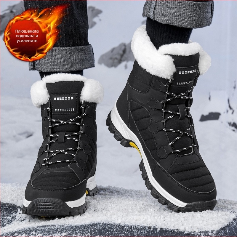 Снежни ботуши: водоустойчиви, противохлъзгващи, топли; горна част PU + водоустойчива тъкан; вътрешност от изкуствен плюш; подметка гума; среден ток 3-5 cm; предно връзване; зимни унисекс