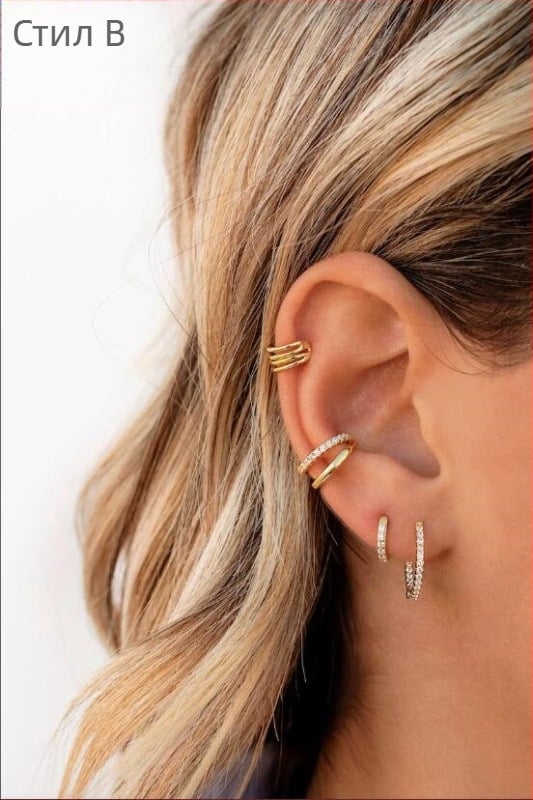 Комплект ушни клипове с медна основа и електроплакирано злато, циркониево инкрустиране, U-образен геометричен дизайн, за жени