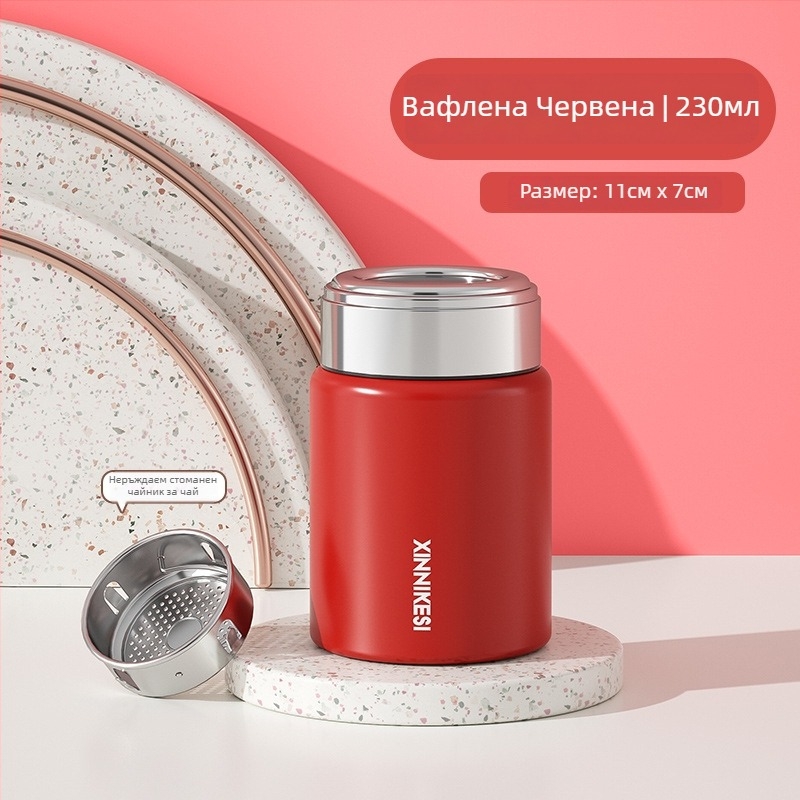 Мини термос чаша за жени — портативна и компактна, разделя чай и вода; вътрешен съд от 316 неръждаема стомана, външен корпус от 304 неръждаема стомана, вакуумна изолация 0–6 ч, възможност за персонализиран логотип