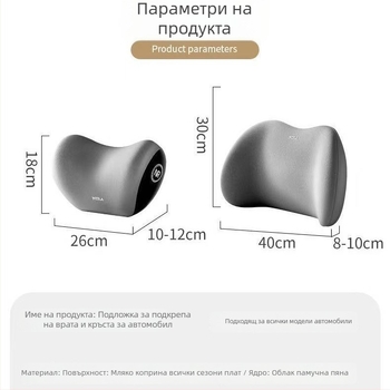 Автомобилна опора за глава и кръст с паметова пяна; синтетични влакна, универсална съвместимост, персонализация на обработката, възможност за печат на лого